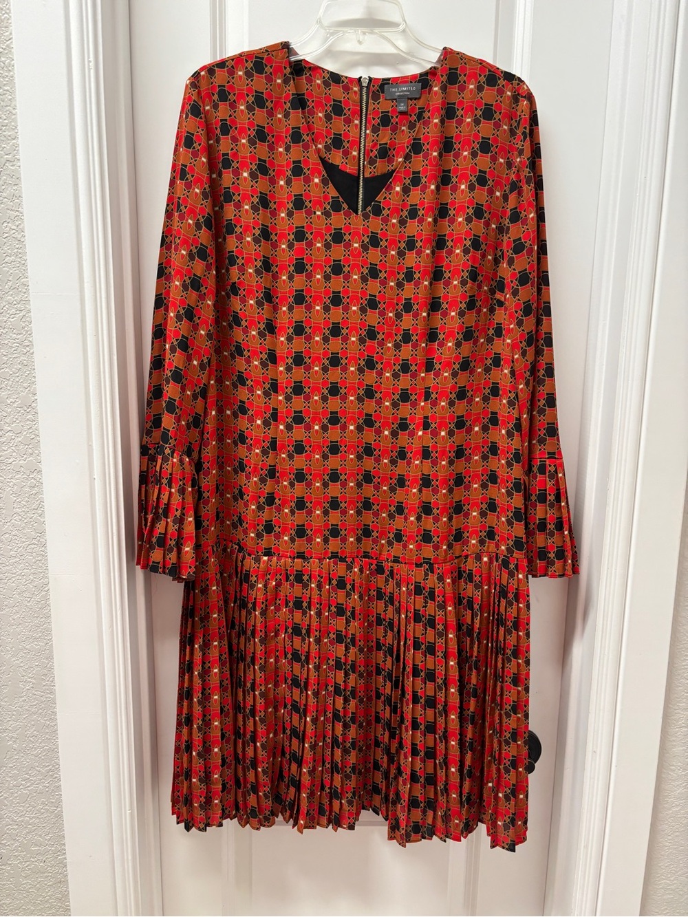 The Limited Red & Black Geo Pleated Long Sleeve Dress- Size 14